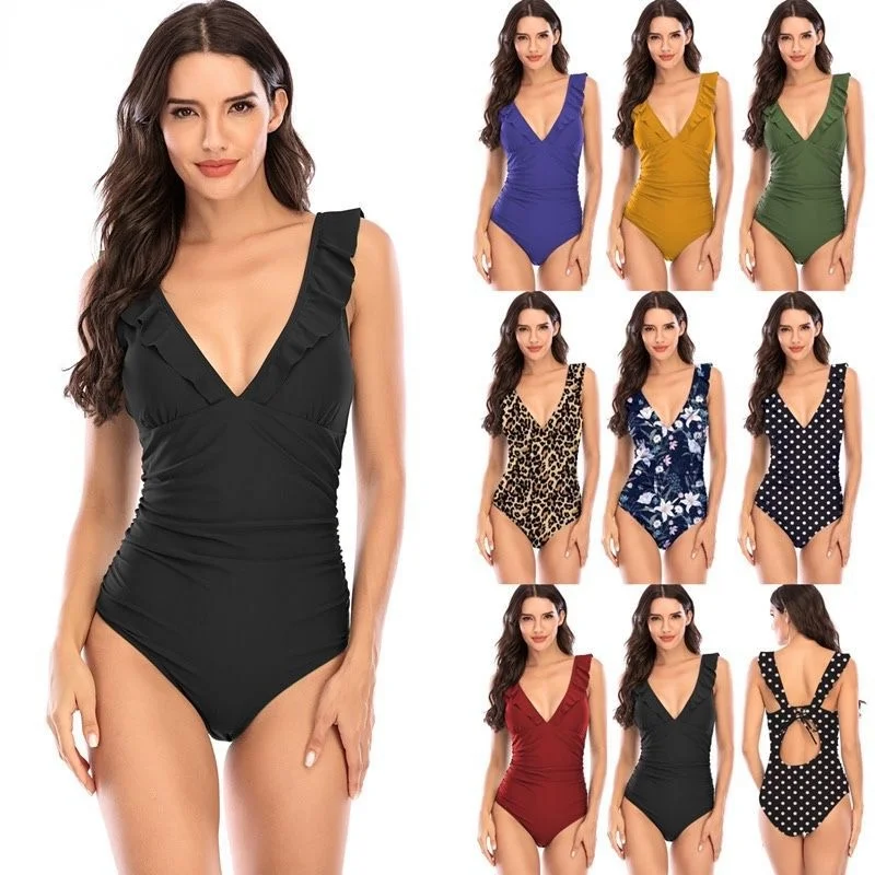 

1pc Solid Black Leopard Print Ruffled One-piece Swimsuit Women Sexy Lace up Monokini Swimwear Girl Women Beach Bathing Suits