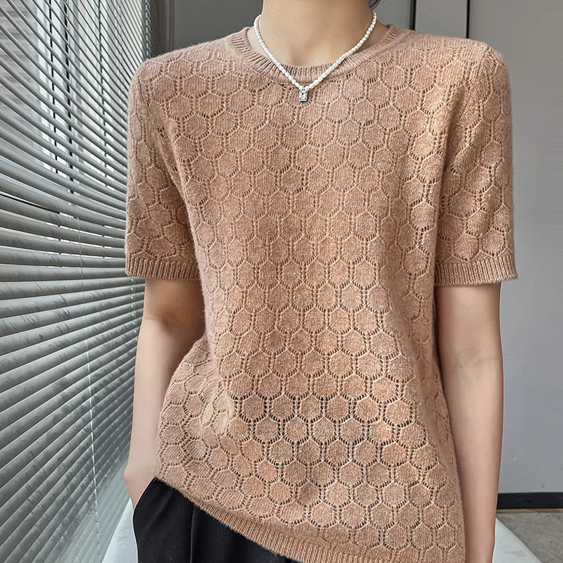 100% чистый свитер женский ажурный с коротким рукавом свободный футболка