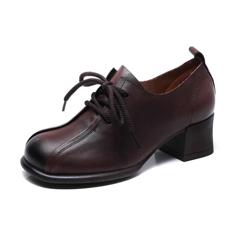 

Fashion Retro Shoes For Women Pumps Genuine Leather Square Heel Round Toe Lace-up Sewing retro Shoes For Woman brown