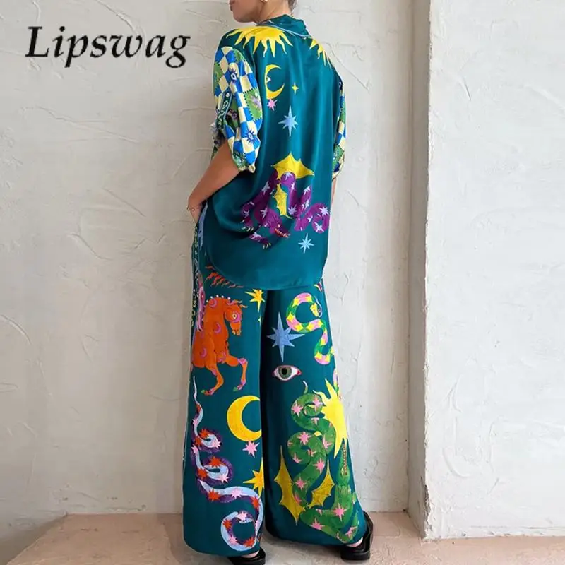 

Women Elegant Pattern Print Two Piece Sets Fashion Turn-down Collar Tops and Long Pants Casual Single Breasted Button Outfits