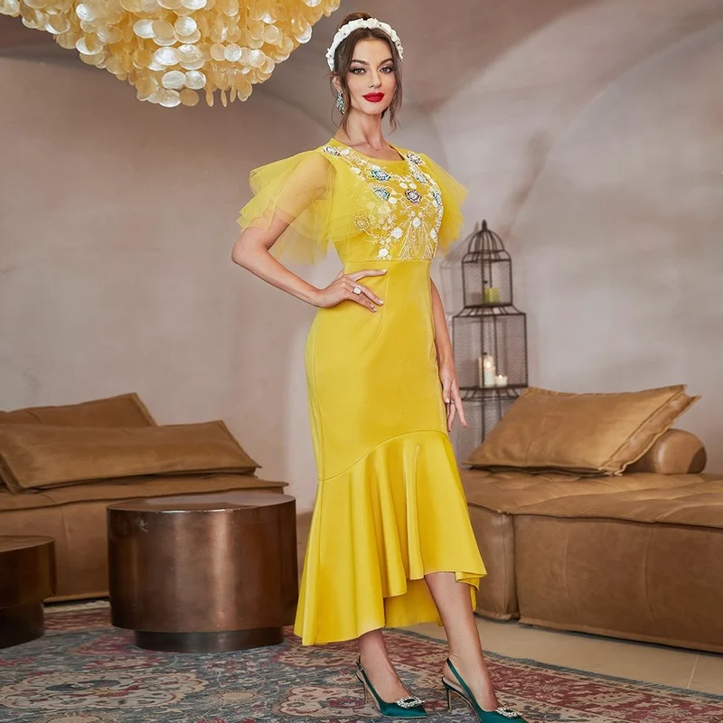 Eid Muslim Arabic Dress Women Arabian Party Gown Moroccan Kaftan Abaya Dubai Summer Yellow Mesh Patchwork Short Sleeve Dresses