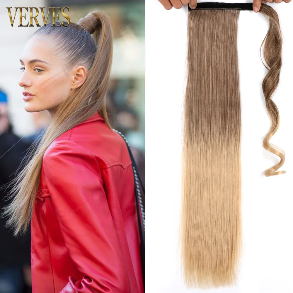 VERVES Synthetic Long Straight Wrap Around Clip In Ponytail Extension 22 Inch Heat Reistan Pony Tail Ombre Fake Hair For Women