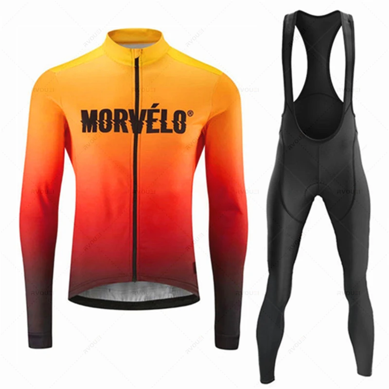 

Morvelo Team Spring /Autumn Long Sleeve Cycling Jersey Set Bicycle Clothes MTB Bike Jersey Bib Pants Kit Ropa Ciclismo Culotte