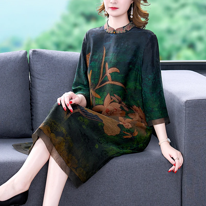 Новинка 2023 модное шелковое платье с принтом женское летнее универсальное