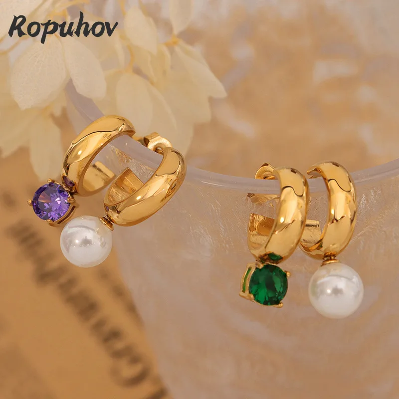 

Женские серьги из титановой стали Ropuhov, серьги в европейском стиле с разноцветным цирконом, сверкающие, с белым воротником, ювелирные издели...