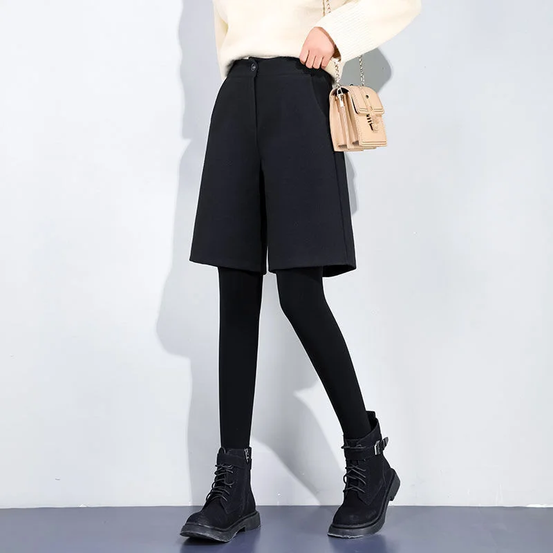 

New Autumn Winter High Waist Wide Leg Woolen Shorts Women Outerwear Warm Shorts Casual Loose A-line Shorts Femme Trouser