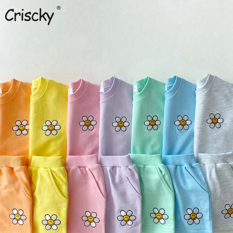 

Criscky 2pcs/set 2022 Soild Colorful Cotton Suit Children's Short Sleeve T-shirt+pants Baby Boys Girls Outfits Clothes Fashion