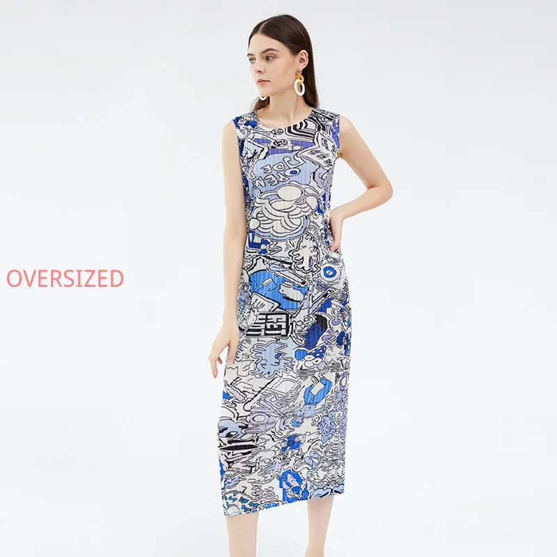 Miyake Graffiti Print Slim Pleated Dress Women's Summer Thin Waist Color Casual A-line Dresses Elegant Vestidos Robe Femme