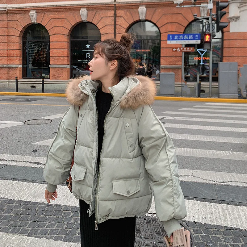 Winter Warm Hooded Parkas Women Loose Short Big Furry Collar Down Jacket Casual Commute Winter Clothing Solid Colors Overcoats