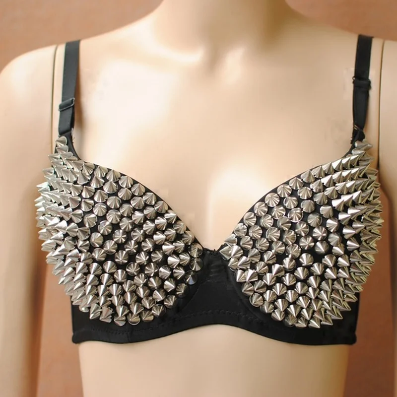 Nightclub Show Women Chic Spike Stud Rivet Bra Gold Silver Lingerie Punk Party Clubwear Push Up for Dance Costume | Женская одежда