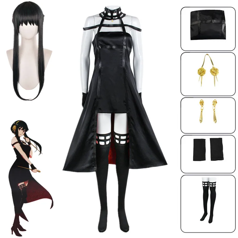 Anime Spy X Family Yor Forger Cosplay Costume Black Dress Earring Women Full Set Outfit Halloween Carnival Party Clothes