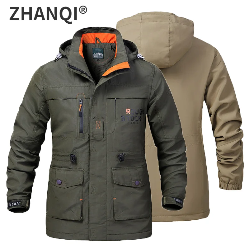 5XL Men‘s Plush Hiking Coats Outdoor Fleece Hooded Multi-pocket Tactical Windproof Warm Winter Camping Ski Cargo Fishing Jacket
