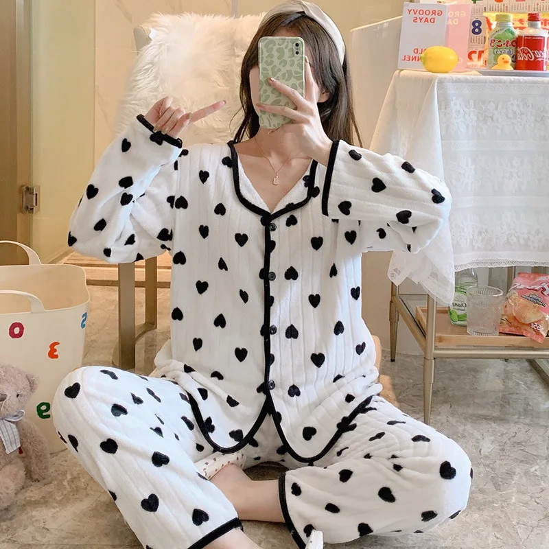 Winter Spring Autumn Warm Thick Pajamas for Women Fashion Coral Fleece Sleepwear Sets