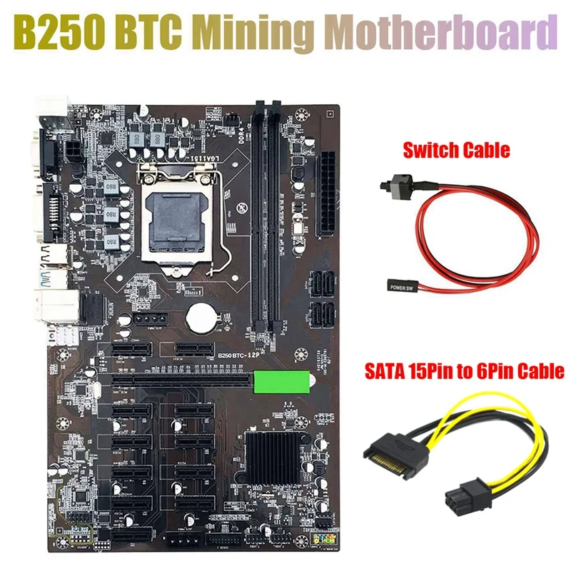

Материнская плата для майнинга B250 BTC с кабелем SATA 15Pin-6Pin + переключателем кабеля 12x, слот для графической карты LGA 1151 DDR4 для майнинга BTC