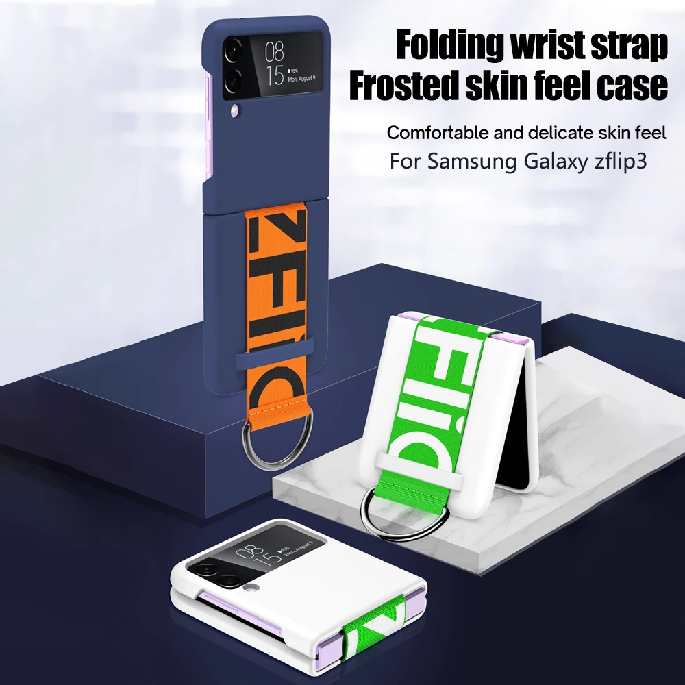 

With Strap Len Metal Ring Cover For Samsung Galaxy Z Flip 3 5G Phone Case Protective Wristband Plastic PC Shockproof Phone Case