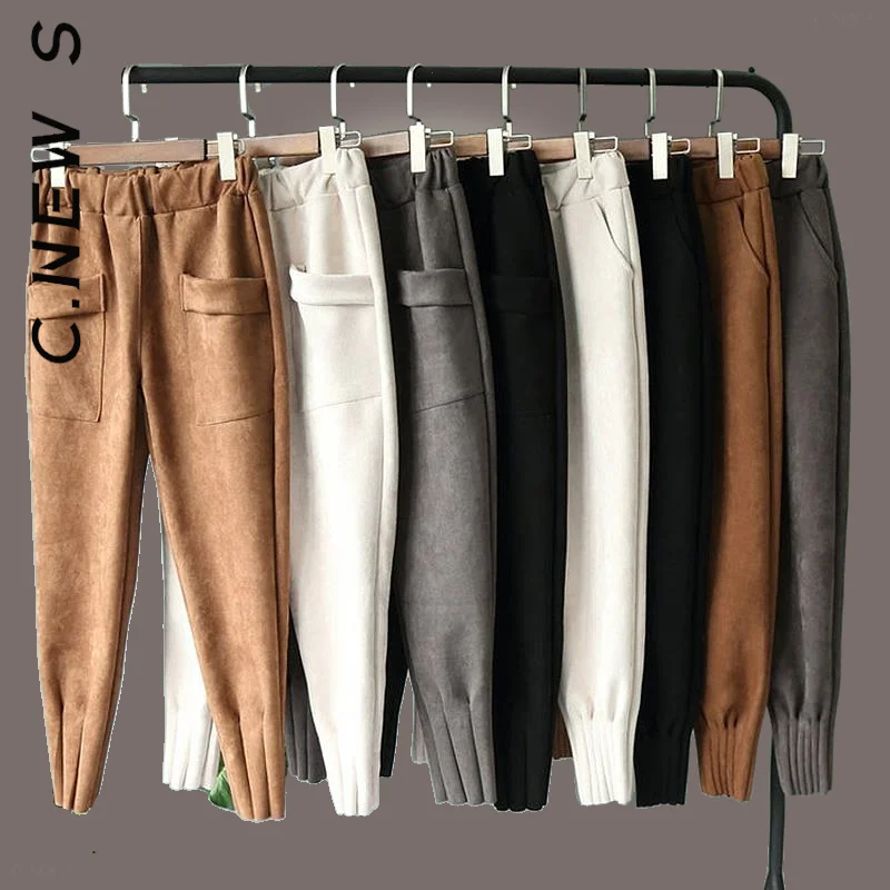 

C.New S Casual Korean Elastic High Waist Pockets Suede Harem Pants Autumn Winter Women Pants Trousers Women