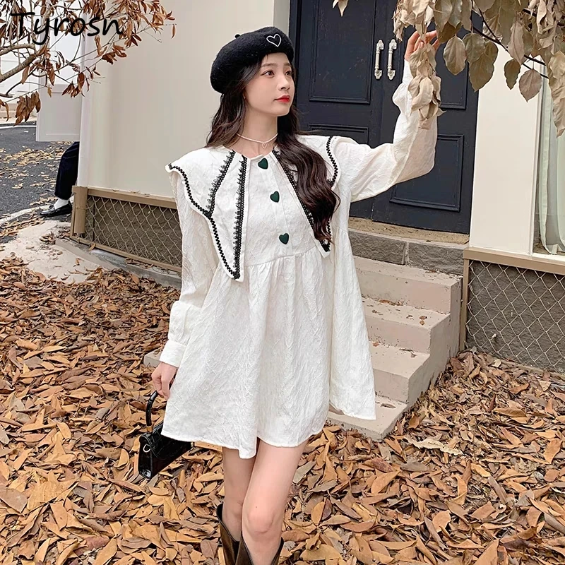 

Dresses Women Long Sleeve Design Chic Simple All-match Leisure A-line Autumn French Style Students Temperament Peter Pan Collar