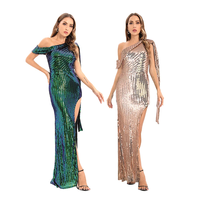 

Sexy backless maxi sequin summer dress women 2022 elegant one shoulder bodycon birthday party dress evening prom dresses vestido