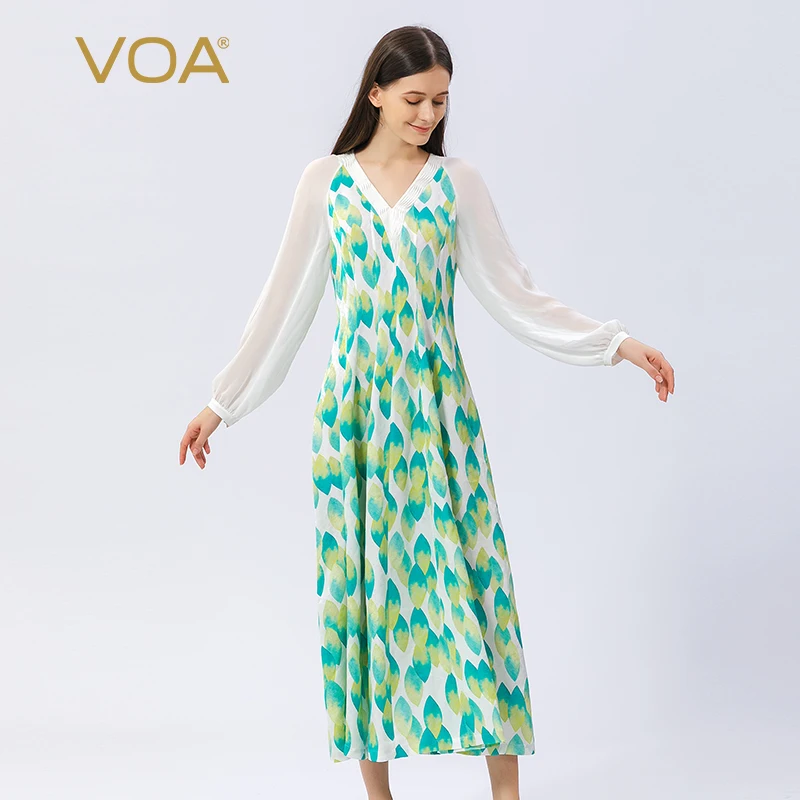 

VOA Silk Bohemian Leaf Jacquard V-Neck Dresses Women Spring Shirt Long Sleeves Vestidos A-Line Elegant Party Long Dress AE1156