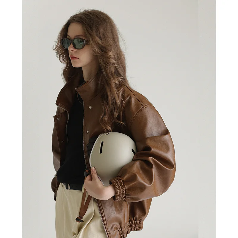 Yuxinfeng Vintage Brown PU Leather Jacket Women Spring Autumn New Bomber Jackets Female Stand Collar Zipper Loose Short Coat