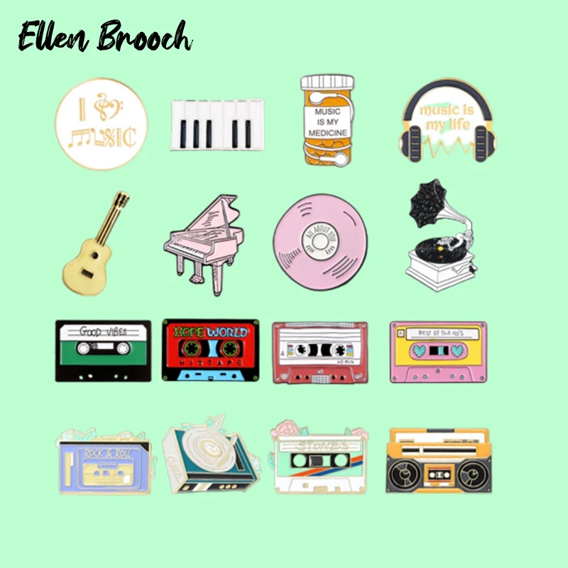 

Music Collection Enamel Pins Piano Guitar Music Sheet Earphone Tape Brooch Laple Badges Jewelry Gift for Friend Rock N Roll