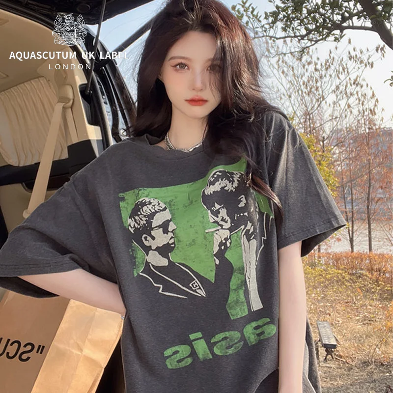 

Aquascutum Summer 2022 new foam letter print short sleeve t-shirt women's tide brand loose mid-length couples T-shirt top