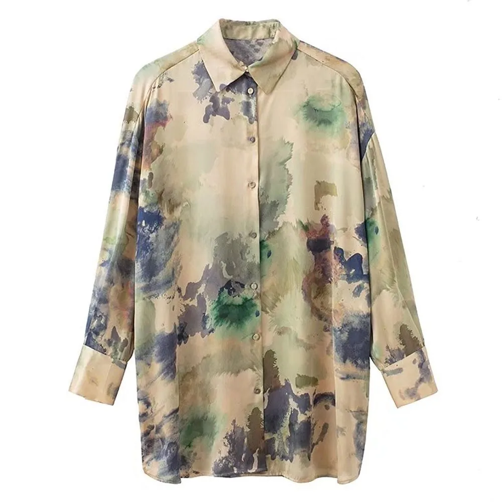 

Huaxiafan Women Fashion Soft Touch Printed Oversized Shirts Vintage Long Sleeve Front Covered Buttons Female Blouses Chic Tops