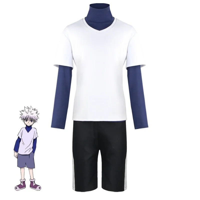 

Костюм для косплея из аниме Hunter x Hunter Killua Zoldyck с номером 99 значок на Хэллоуин Рождество вечеринка костюм рубашка футболка белый парик