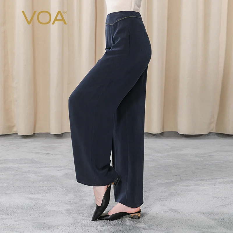 

VOA Heavyweight Silk Distressed Navy Natural Waist Asymmetric Three-Dimensional Fold Bright Decoration Retro Women's Pants KE192