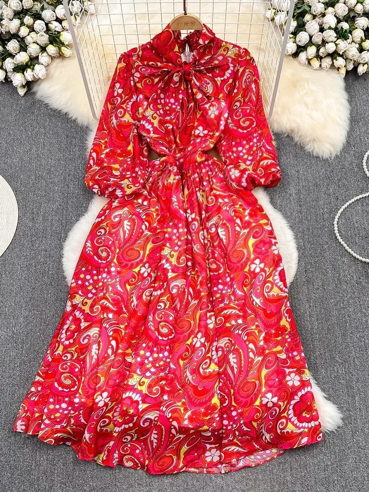 

Женское шифоновое платье Merchall, модельное длинное платье с бантом на шее и пышными рукавами, элегантное праздничное пляжное платье с цветочным принтом, лето