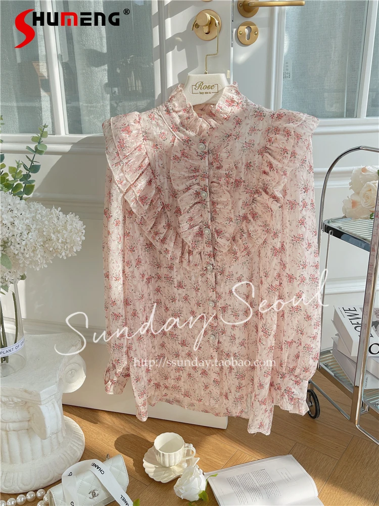 

French Style Gentle Floral Pearl Buckle Shirt 2022 Spring Women's New Fashion Sweet Ruffles Top Ladies Fairy Elegant Blouses