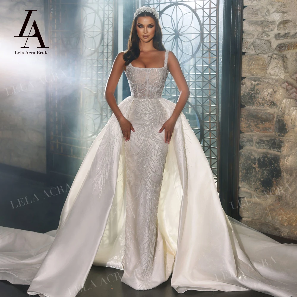 

LelaAcra Sleeveless Mermaid Wedding Dress 2023 Satin Detachable Court Train Princess Bride Gown SM112 Plus Size Vestido de Noiva