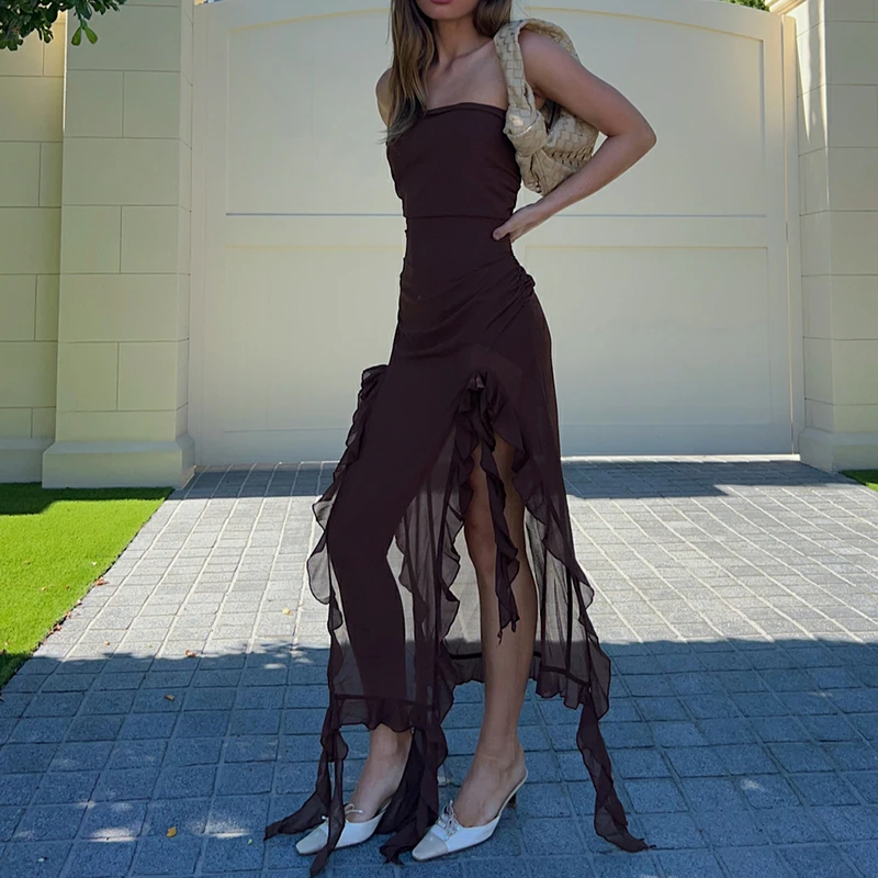 

Chic Women Strapless Off Shoulder Midi Dress Sexy Mesh Sheer Ruffles Split Beach Dress Summer Slim Fit Party Female Vestido