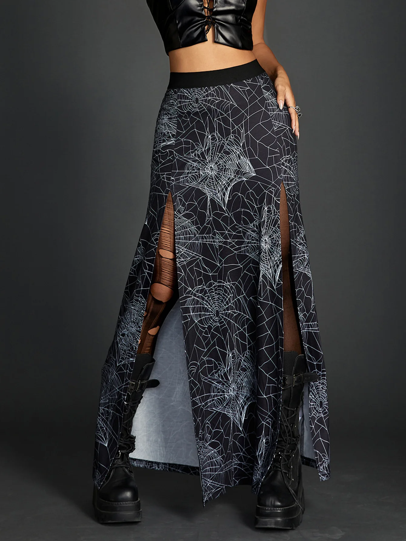 

Goth Dark Cyber Gothic Punk Spider Web Maxi Skirts Grunge Aesthetic Split Sexy Women Bottoms High Waist A-line Print Long Skirt