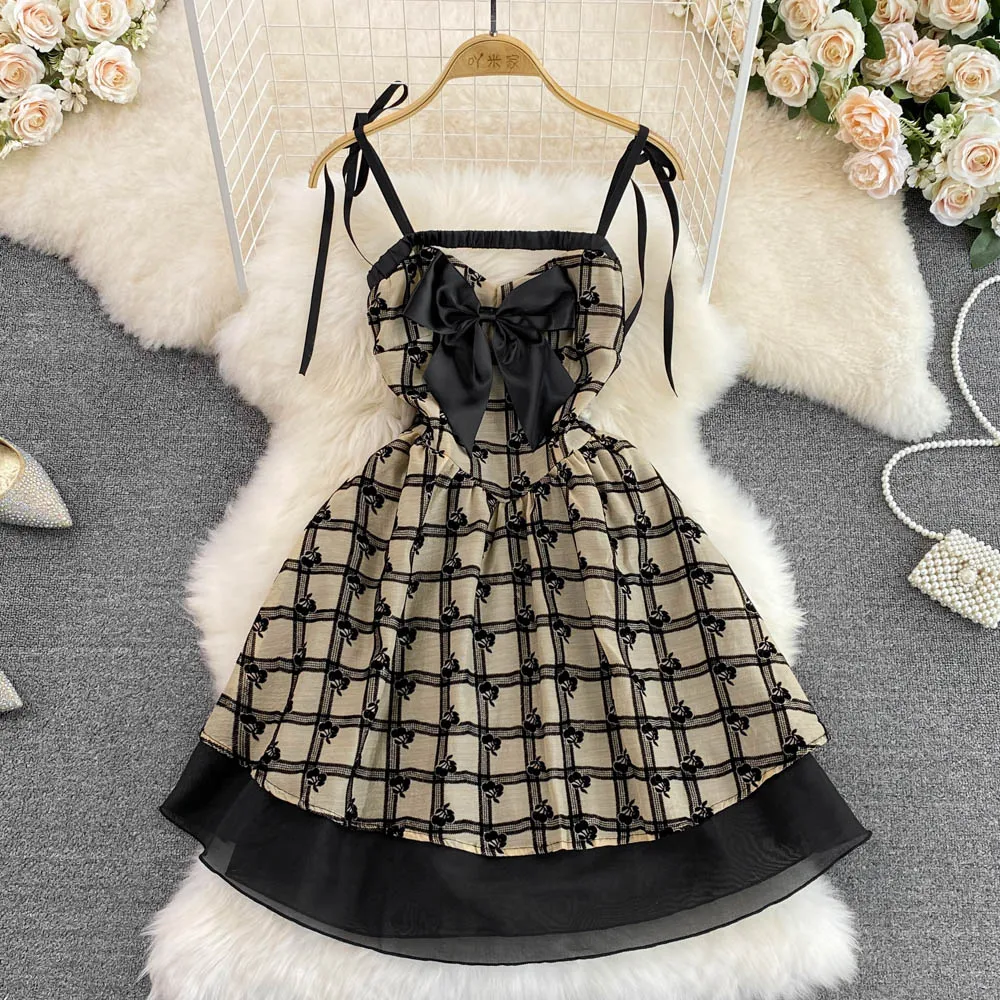

VANOVICH French Style Sweet Vintage Plaid Patchwork Camisole Dress Female 2022 New Summer High Waist Bow Slash Neck A-line Dress