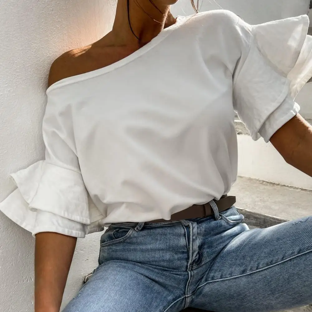 

Summer White T-shirt Women Blouses O Neck Flare Sleeve Summer Lady Pullover Tops Blouse Female Tops Tee Tshirt Women's Clothing
