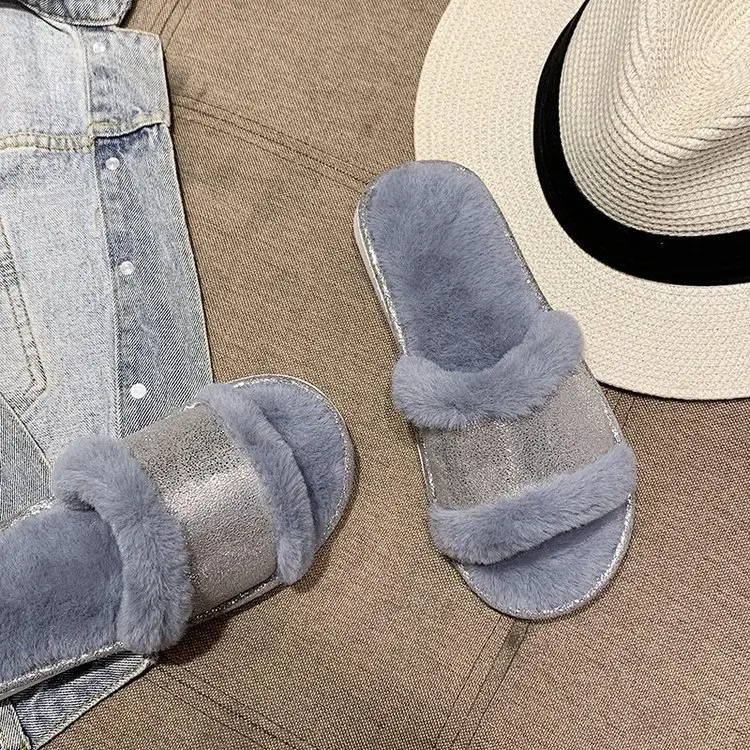 

Luxury Designer Women Fur Rhinestone Sandals Platform Wedges Heel Solid Fluffy Furry Slides Outside Sexy Shoe Sandalias De Mujer