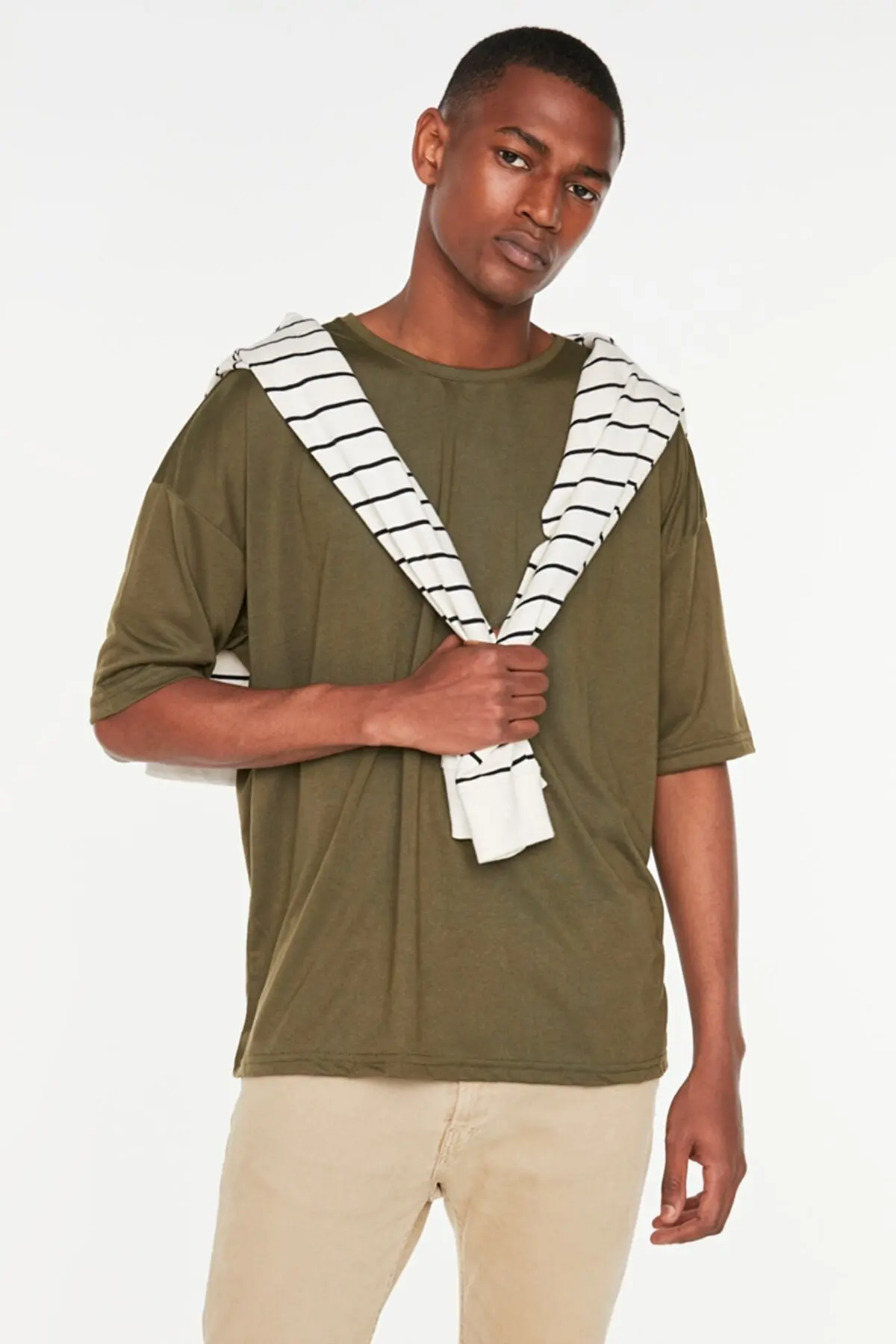 

Футболка мужская оверсайз с коротким рукавом, базовая тенниска с велосипедным воротником, цвета хаки, лето 0811