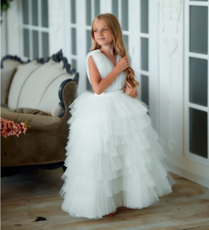 

Новое индивидуальное платье с цветочным рисунком для девочек, платье принцессы с V-образным вырезом в несколько рядов из фатина, платье для первого причастия