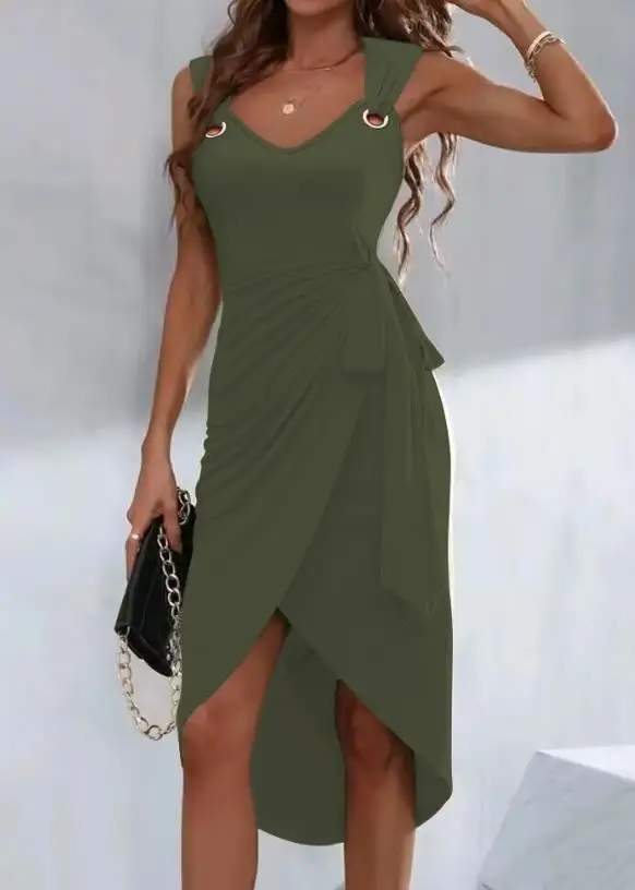 

Elegant Women's Dress Asymmetrical Slit V-Neck Midi Daily Slight Stretch Tied Detail Eyelet Sleeveless Casual Dress Office Lady