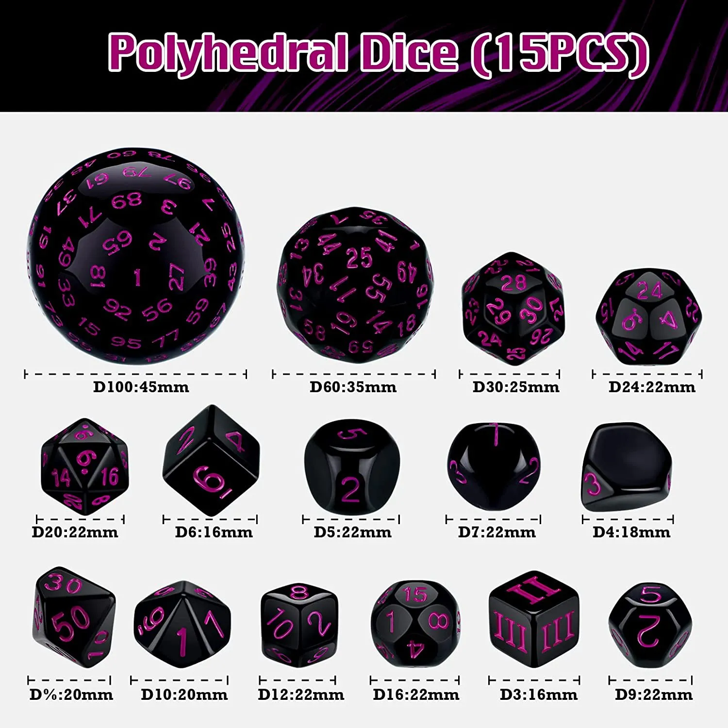 

15Pieces Complete Polyhedral DND Dice Set D3-D100 Spherical RPG Dice Set for Role Playing Table Games Supplies