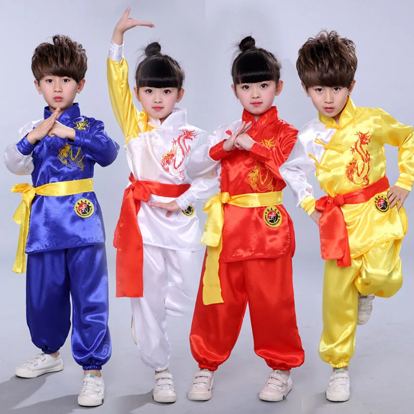 Kids Chinese Traditional Kungfu Uniform Hanfu New Year Taekwondo Wushu Tang Suit Embroidery Satin Boys Girls Taichi Clothing