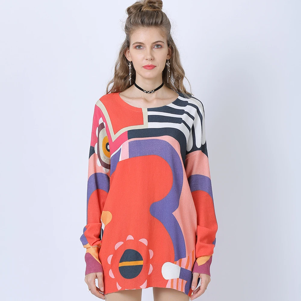 Вязаный свитер XIKOI Женский пуловер оверсайз с круглым вырезом и принтом женские