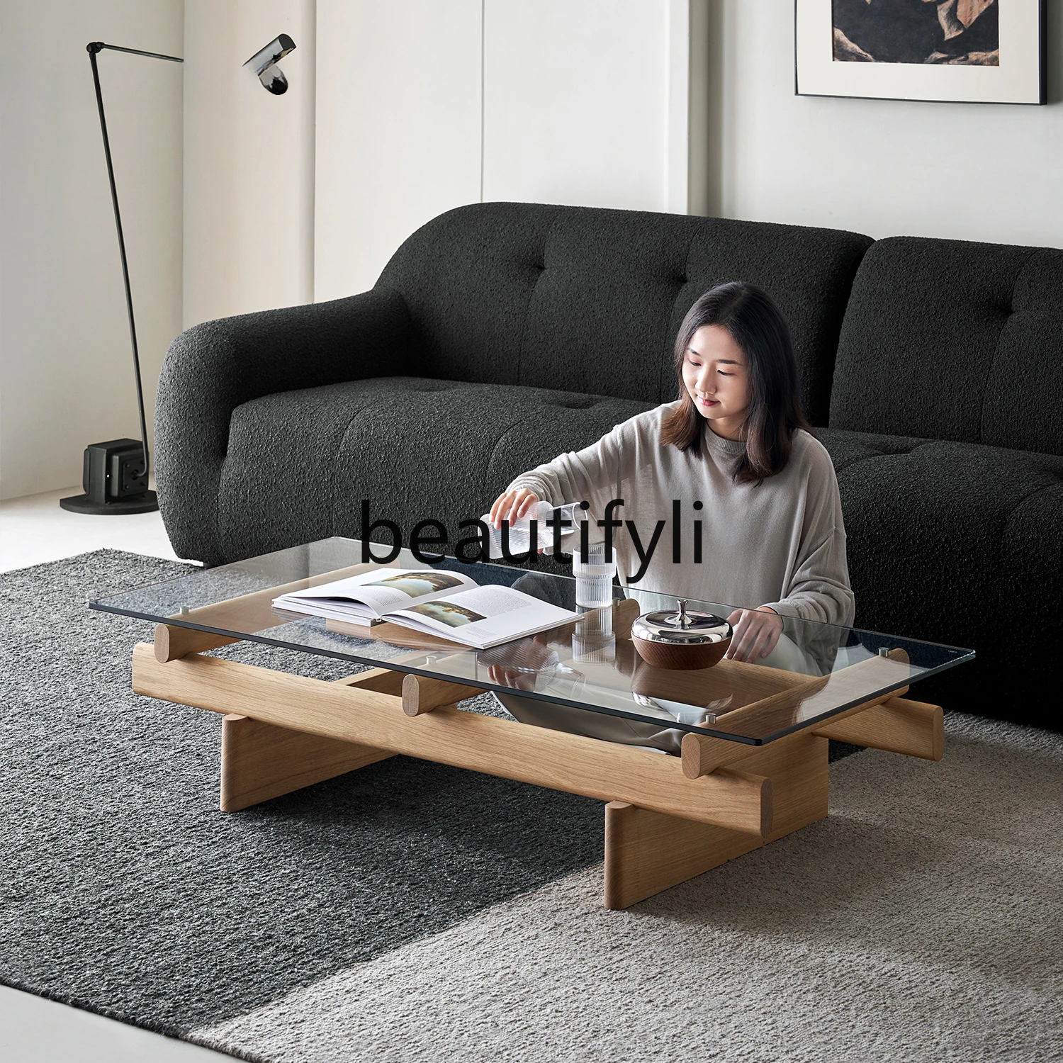 Журнальный столик Jingge североамериканский белый дуб стеклянный чайный из