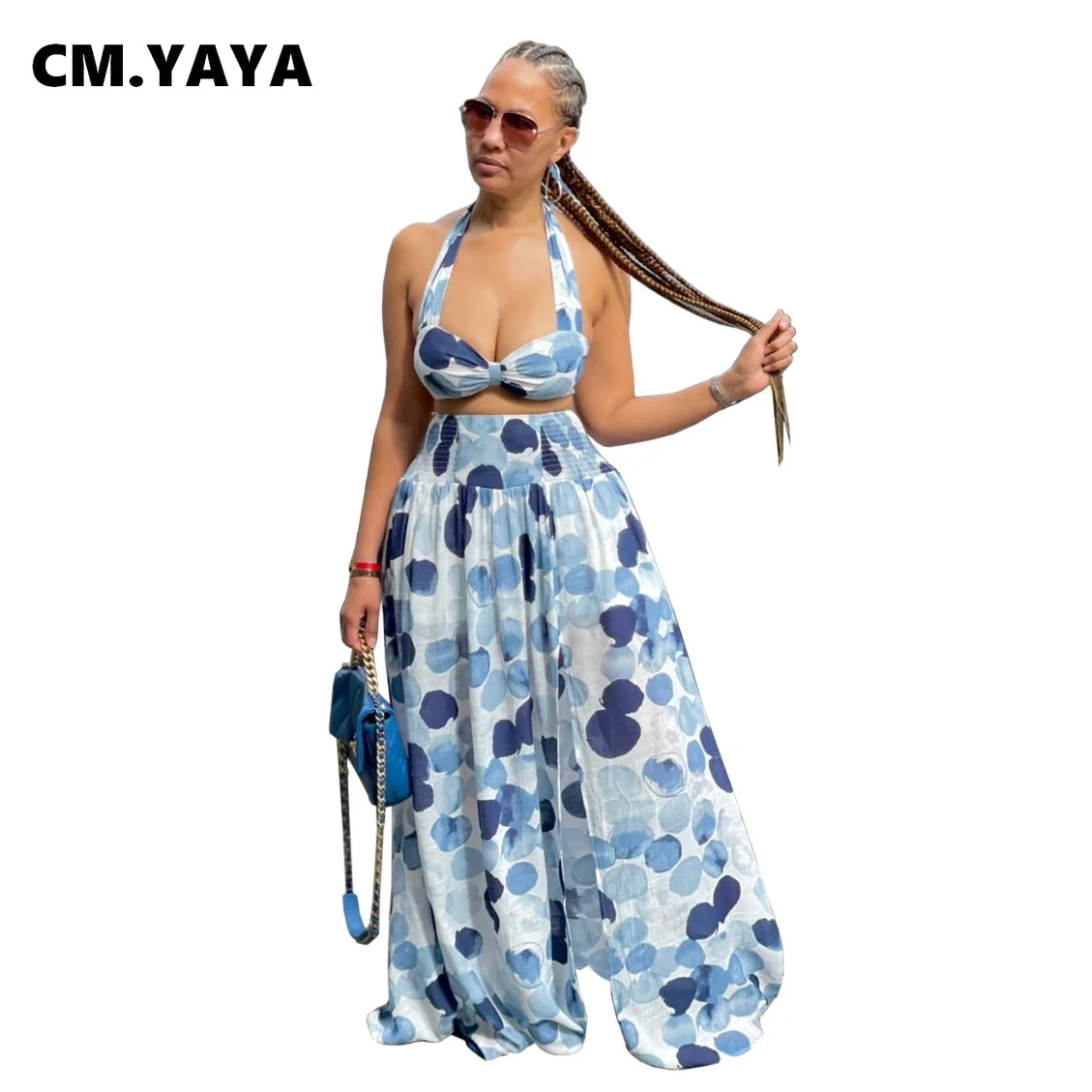 Женский элегантный костюм макси в горошек CM.YAYA с юбкой-качели Летний Пляжный