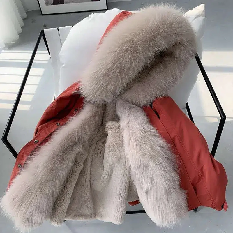

Winter High Qualit Hooded Thick Imitation Fur Liner Fox Fur Parka Coat Solid Color Detachable Warm Streetwear Coat Simple Jacket