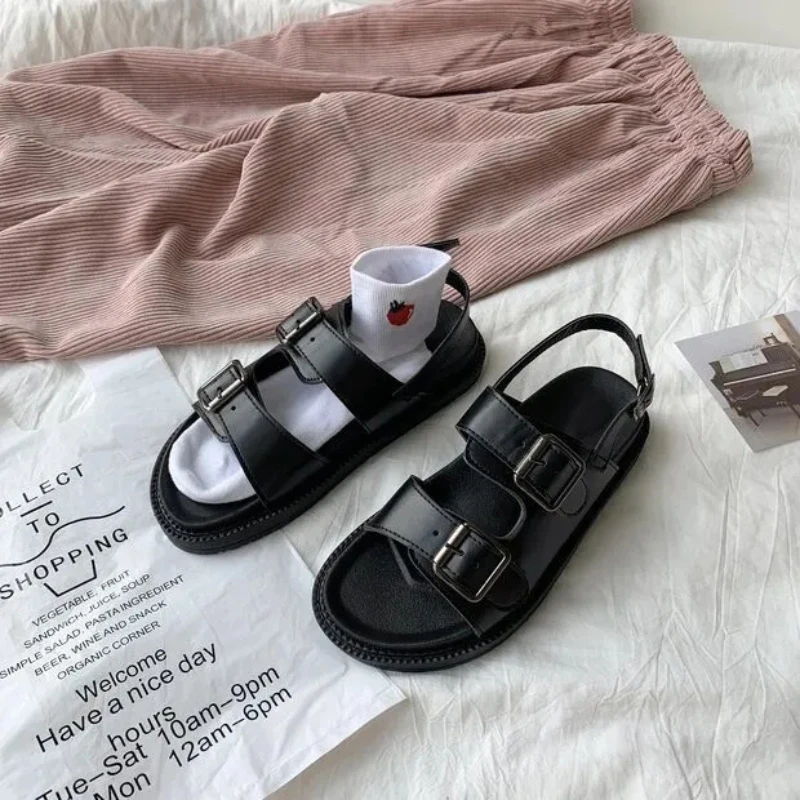 Женские босоножки в готическом стиле Harajuku черные кожаные сандалии панк на