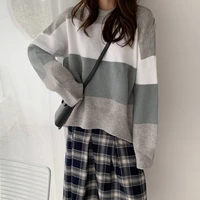 all match long sleeved plus velvet thick sweater autumn and winter new round neck korean striped stitching loose simple top