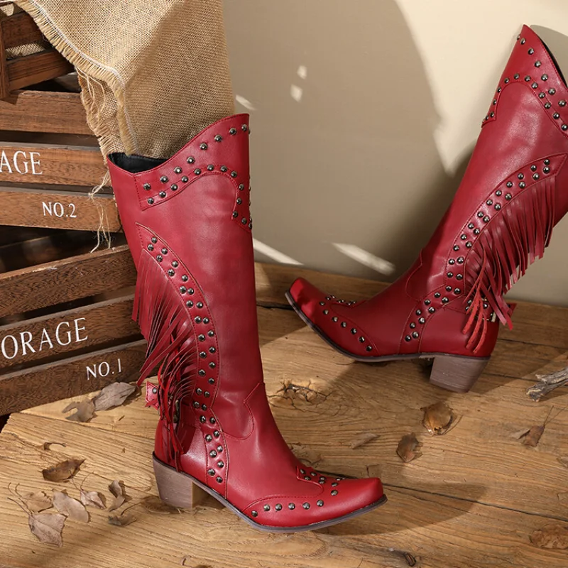2023 Western Cowboy Boots with Square Heels and Large Size Pointed Head 01687