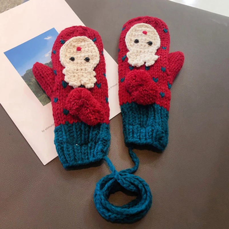 

EUMOAN Christmas gloves female Winter Korean edition Japanese warm lovely cartoon plus velvet INS tide knitted wool winter cycl